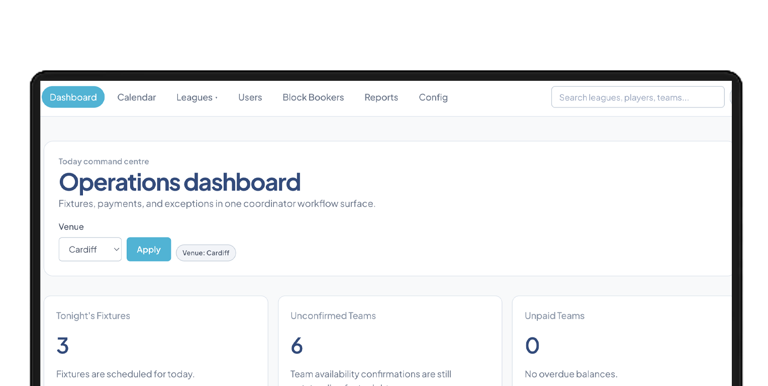 Bwcio operations dashboard showing fixtures, teams, and payments